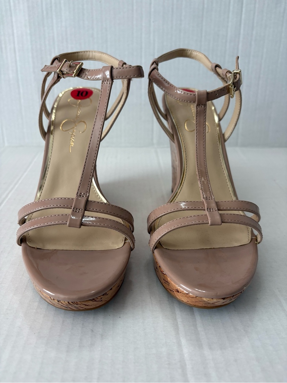 Jessica Simpson Taupe Patent T-Strap Cork Wedge Sandals, NWOT